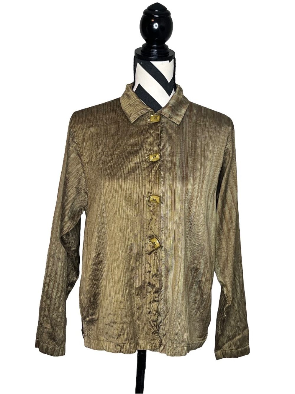 Vintage Art to Wear Buttons Lagenlook Minimalist Olive Crinkle Silk Shirt M